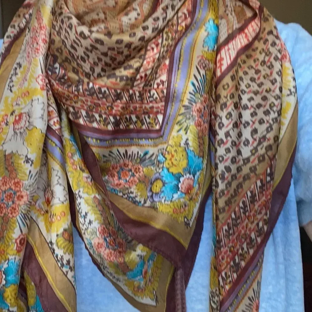 Johnny Was $110 Silk Boho Brown Gold Turquoise Block Print Tassel Scarf EUC